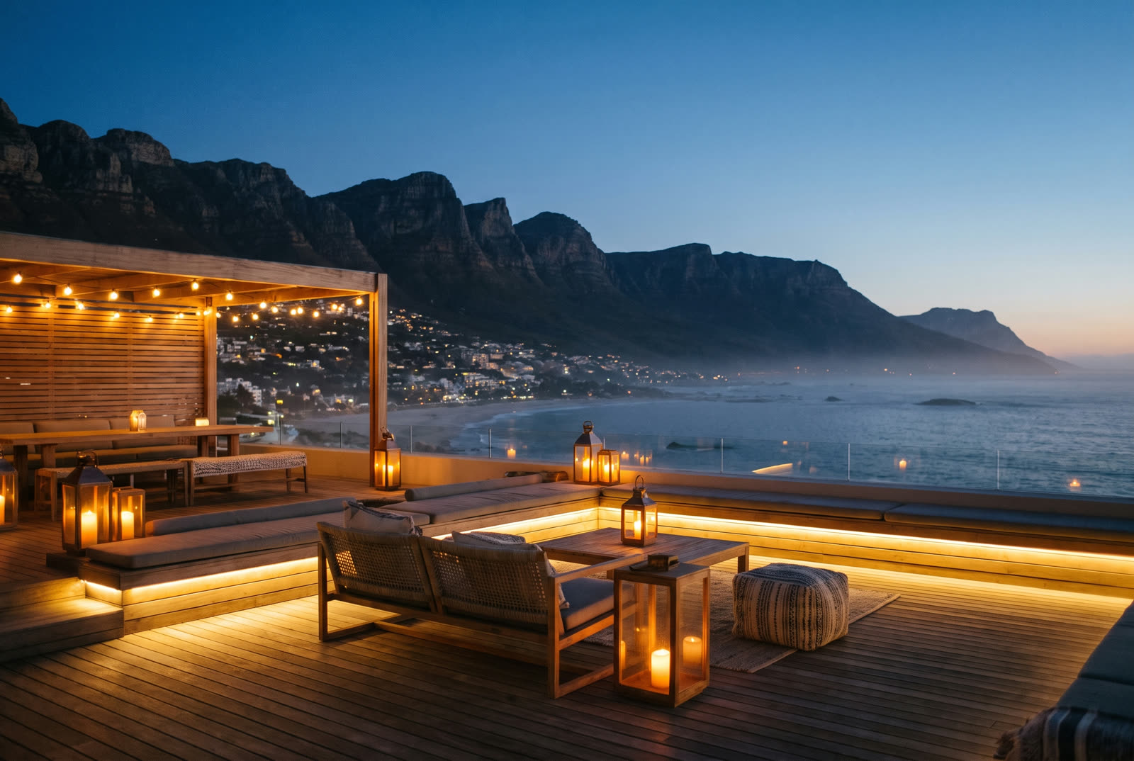 Teak rooftop deck glowing at dusk in Camps Bay